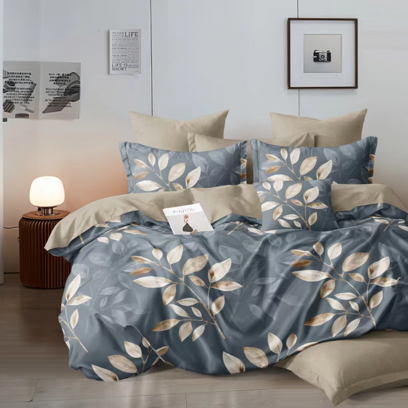 Pościel ciemna szara w liście 200x220 3 el. Marin C-116