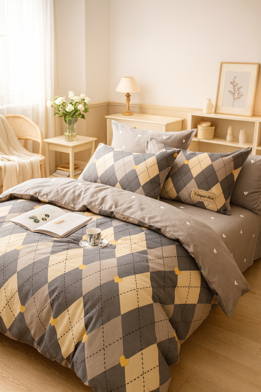 Pościel bawełniana szaro żółta w romby 160x200 3 el. L61