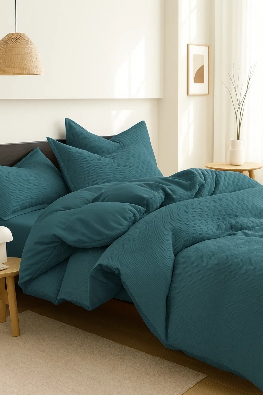 Pościel żakardowa kora wafelkowa niebieska 200x220 3 el.