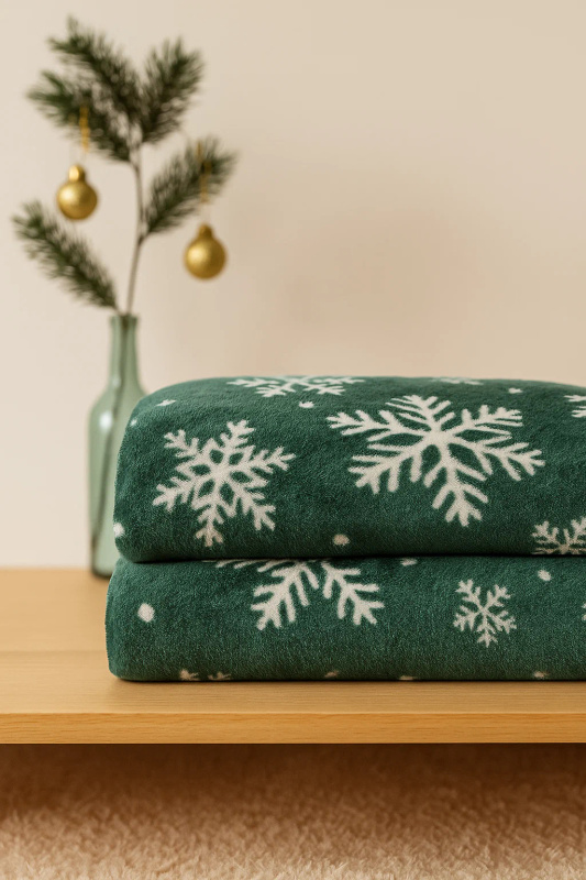 Koc świąteczny butelkowy zielony w śnieżynki 160x200