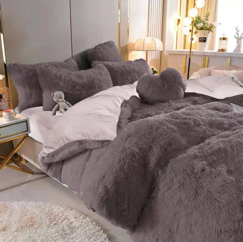 Pościel futrzana zimowa włochacz 160x200 4 el. ciemna szara - jasna szara