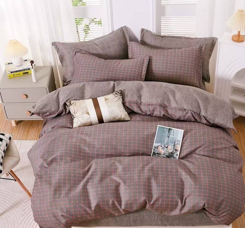 Pościel 200x220 4 el. w kratę szaro-różowa