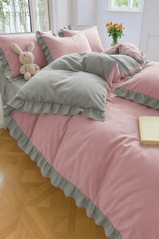 Pościel z falbanką różowa i jasna szara 200x220 3 el. dwukolorowa FAB148