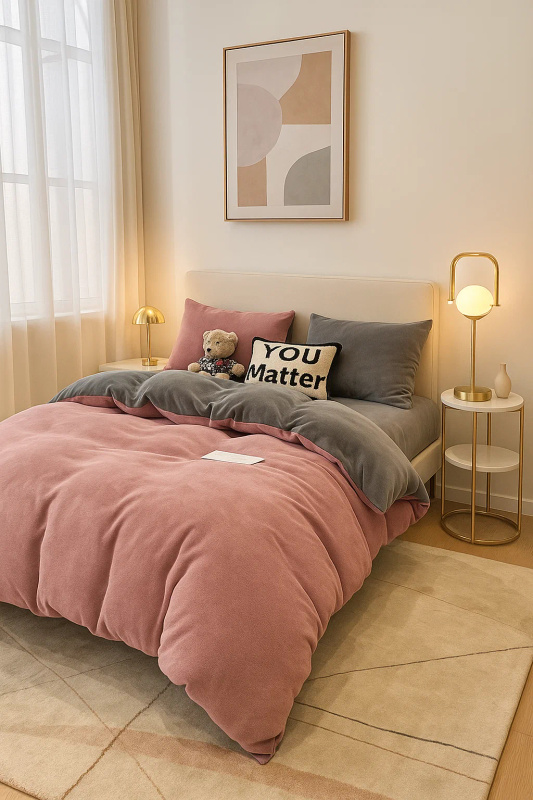 Pościel pluszowa welurowa zimowa miś gładka 160x200 4 el. różowa - szara