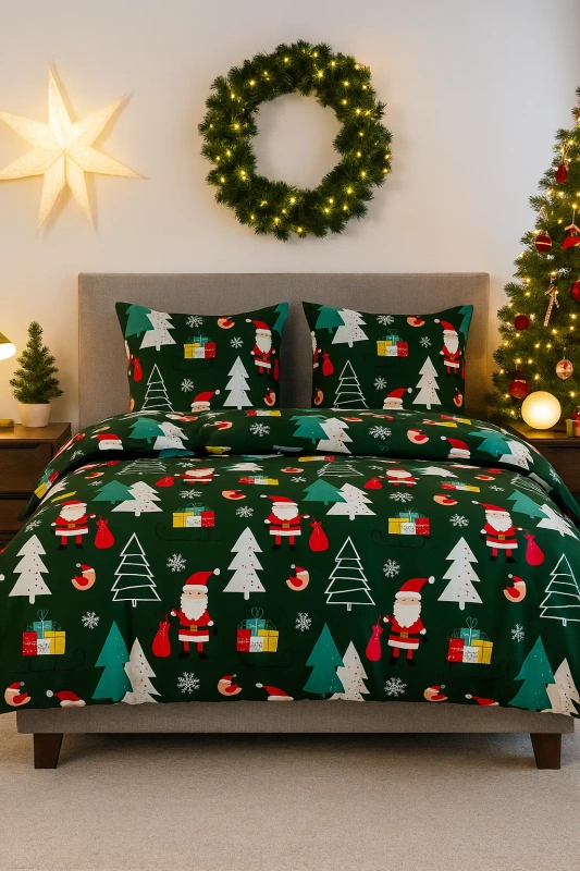 Pościel świąteczna zielona w mikołaje, prezenty i choinki 160x200 3 el.