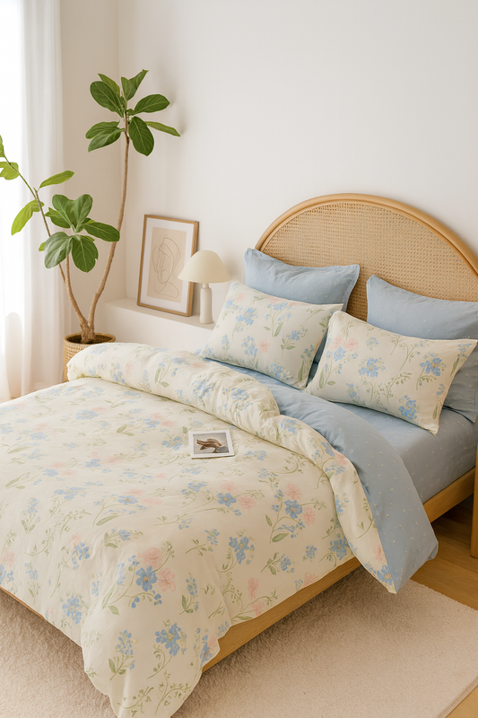 Pościel bawełniana biało-błękitna w kwiatki 160x200 3 el. L51