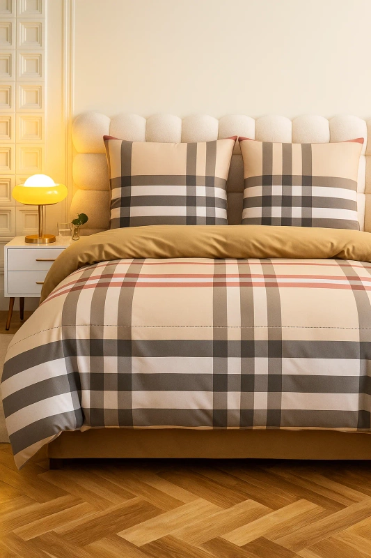 Pościel bawełniana w beżową kratę 160x200 3 el.