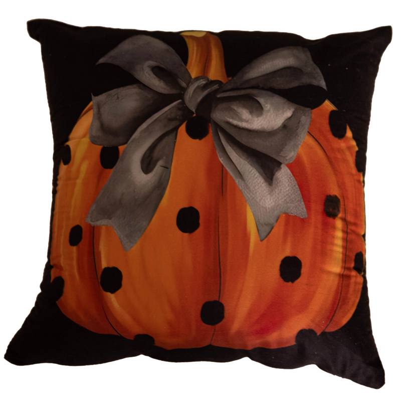Poszewka na poduszkę Halloween czarna z dynią i kokardą 40x40 PUMPKIN