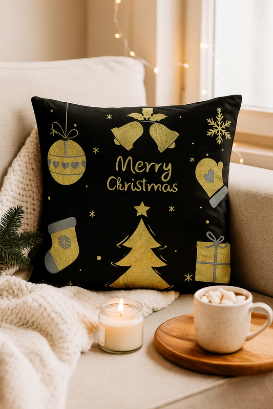 Poszewka na poduszkę świąteczna czarna Merry Christmas z prezentami 40x40