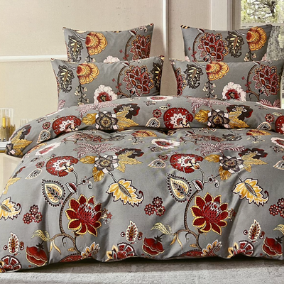 Pościel bawełniana szara w kwiaty 160x200 3 el. Lina M1695