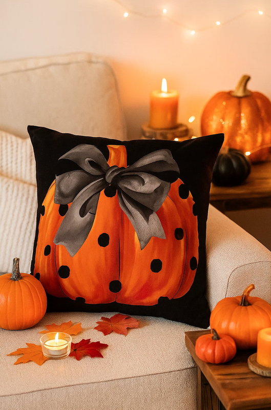 Poszewka na poduszkę Halloween czarna z dynią i kokardą 40x40 PUMPKIN