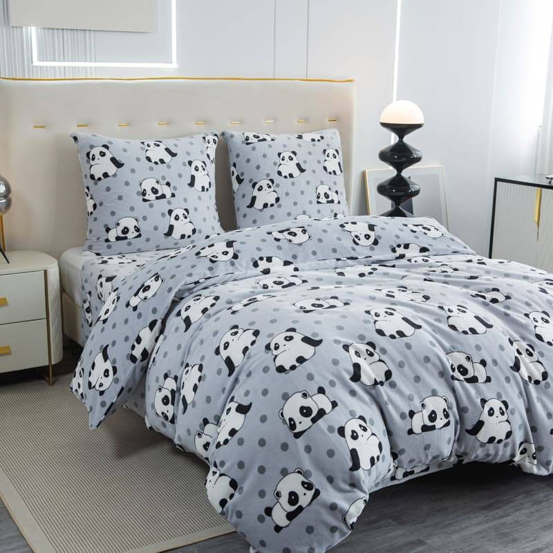 Pościel pluszowa zimowa miś jasna szara w pandy 160x200 3 el.