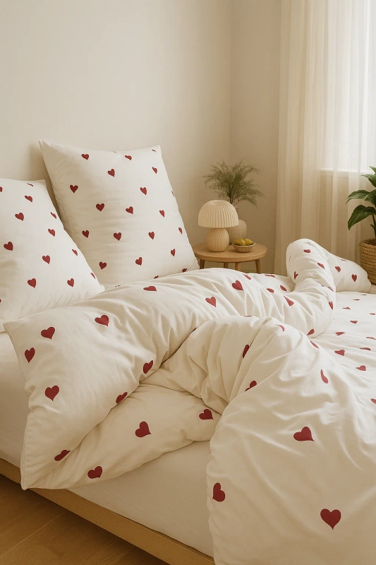 Pościel biała w czerwone serca 200x220 3 el. Love F11