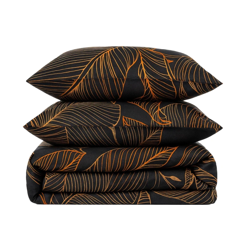 Pościel czarna w liście Lux 160x200 3 el.