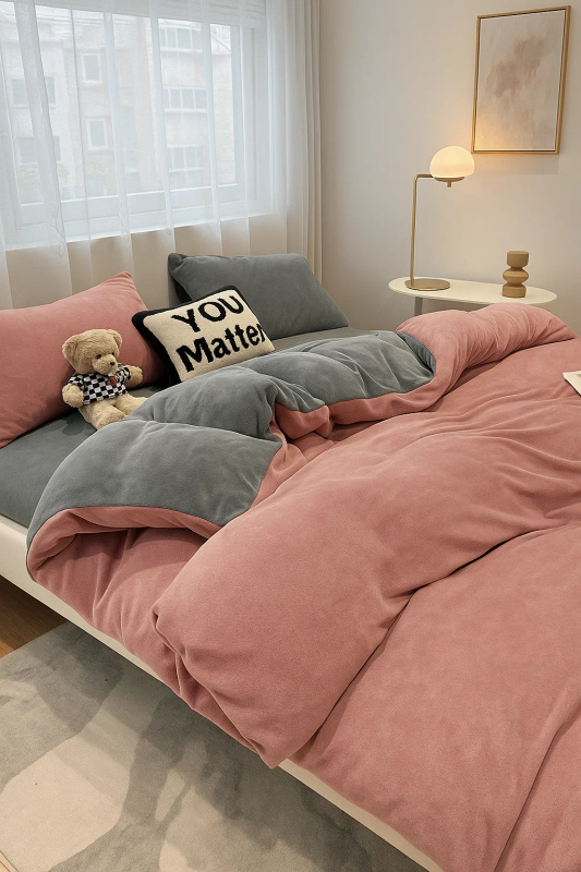 Pościel pluszowa welurowa zimowa miś gładka 160x200 3 el. różowa - szara