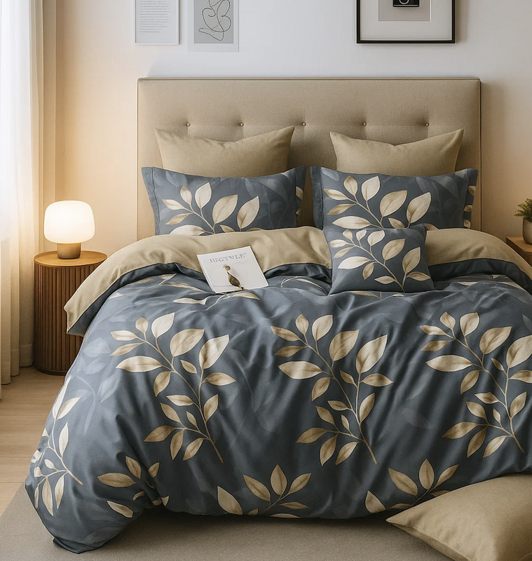 Pościel ciemna szara w liście 160x200 4 el. Marin C-116