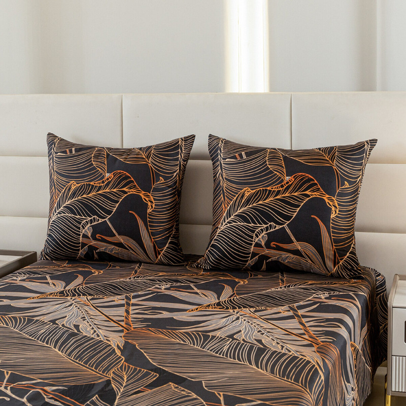 Pościel czarna w liście Lux 160x200 3 el.