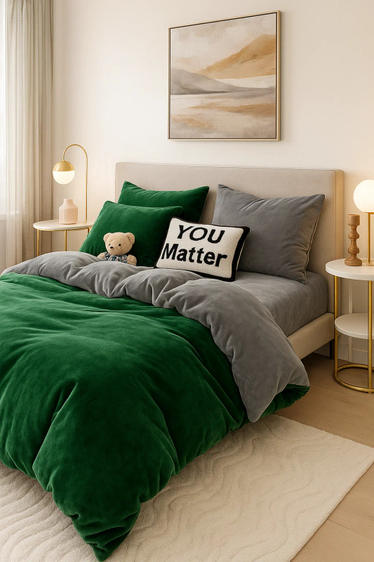Pościel pluszowa welurowa zimowa miś gładka 160x200 4 el. butelkowa zielona - szara