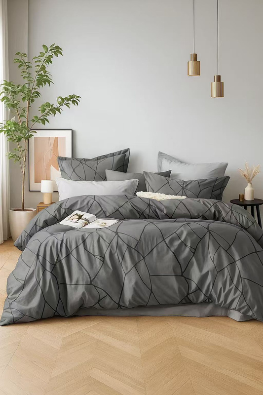 Pościel ciemna szara geometryczna 160x200 4 el. z prześcieradłem z gumką Banos D-140