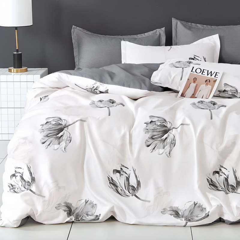 Pościel biało-szara w kwiaty 200x220 4 el. Asturia