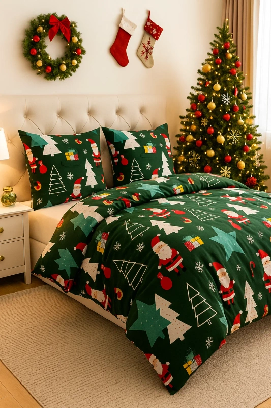 Pościel świąteczna zielona w mikołaje, prezenty i choinki 160x200 3 el.