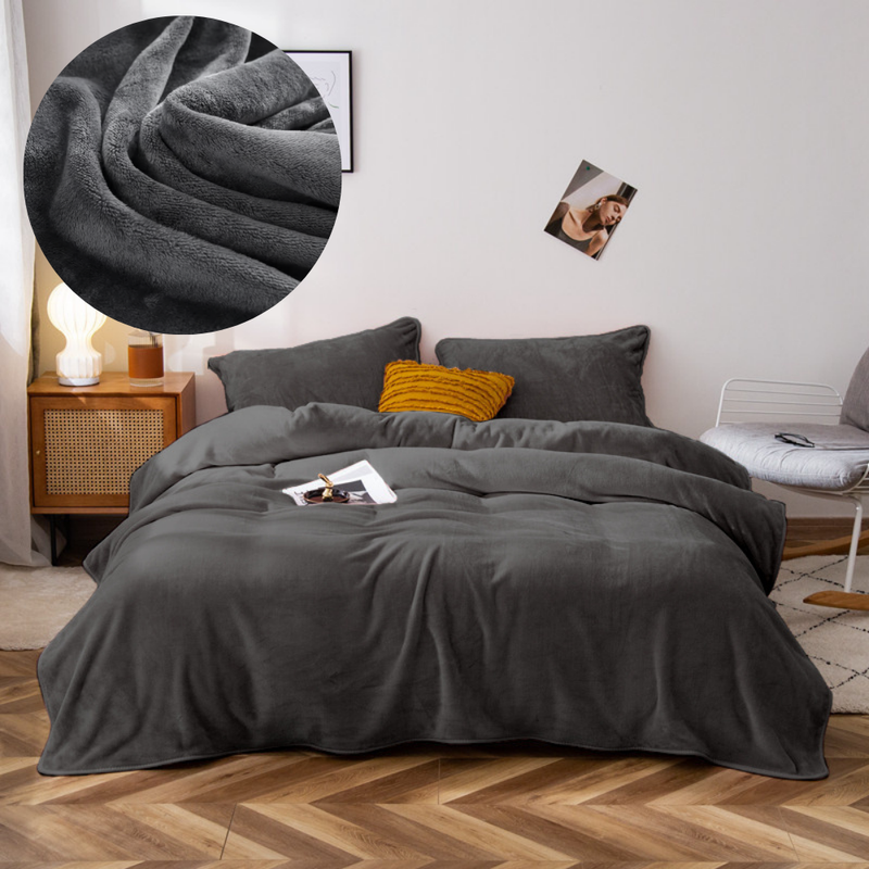 Pościel pluszowa zimowa miś gładka 200x220 3 el. ciemna szara K002