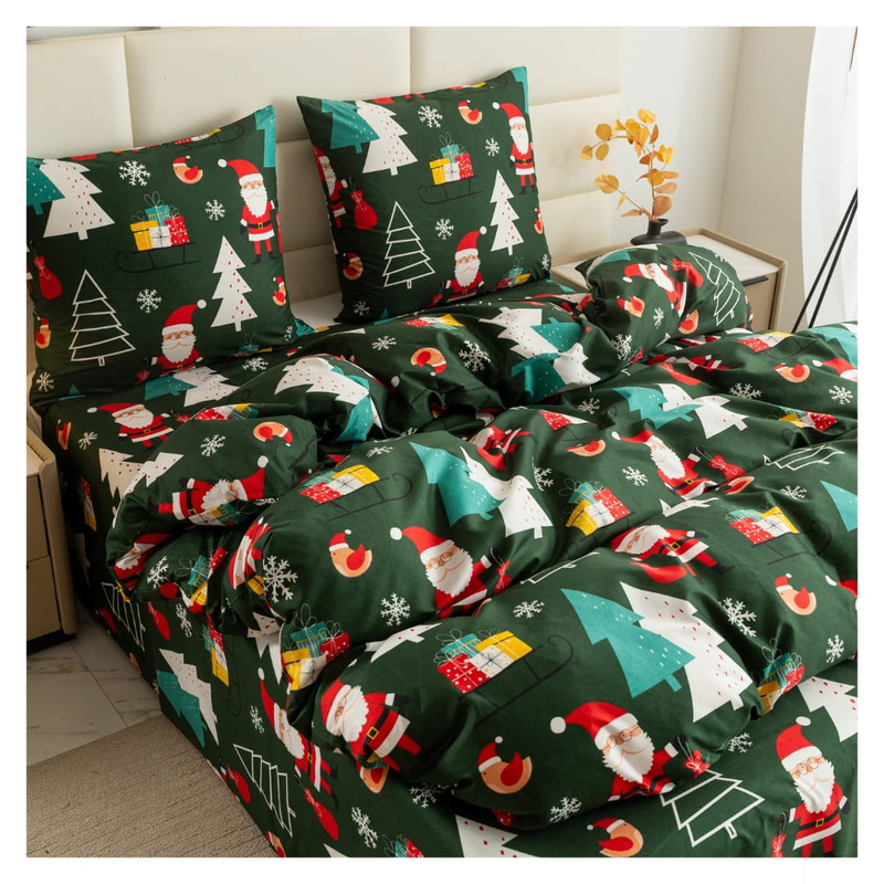 Pościel świąteczna zielona w mikołaje, prezenty i choinki 160x200 3 el.