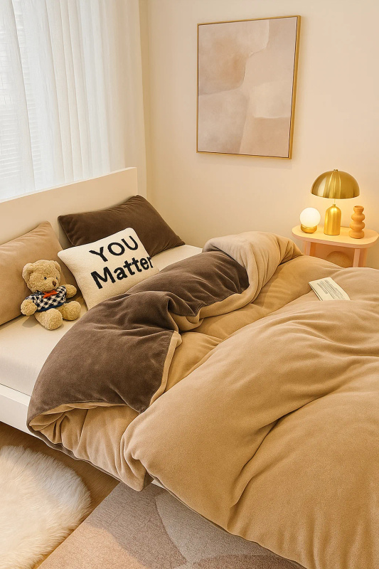 Pościel pluszowa welurowa zimowa miś gładka 160x200 3 el. jasna brązowa - ciemna brązowa