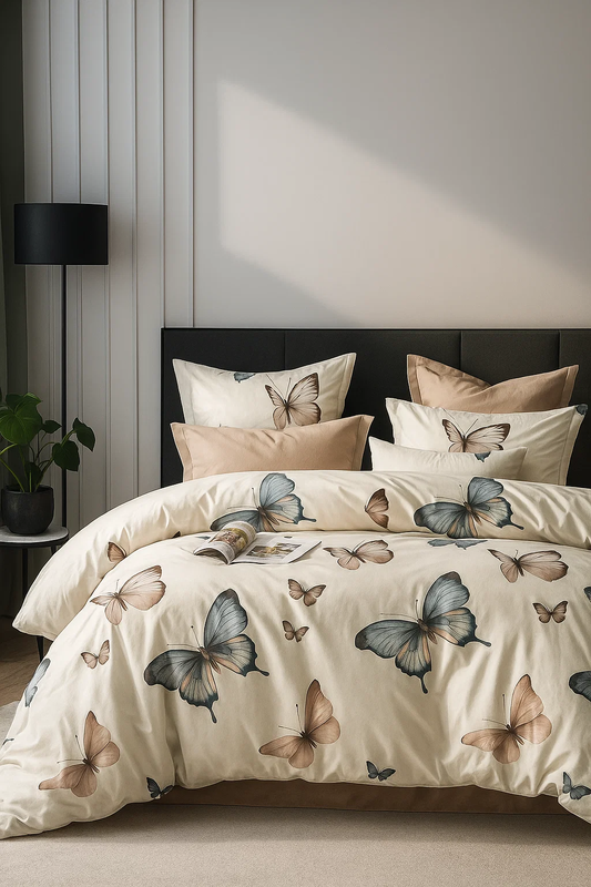 Pościel kremowo-różowa w motyle 200x220 4 el. z prześcieradłem z gumką Fortaleza D-143