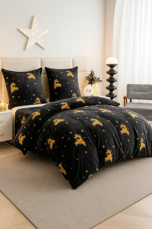 Pościel pluszowa zimowa miś świąteczna 200x220 3 el. czarna w złote renifery
