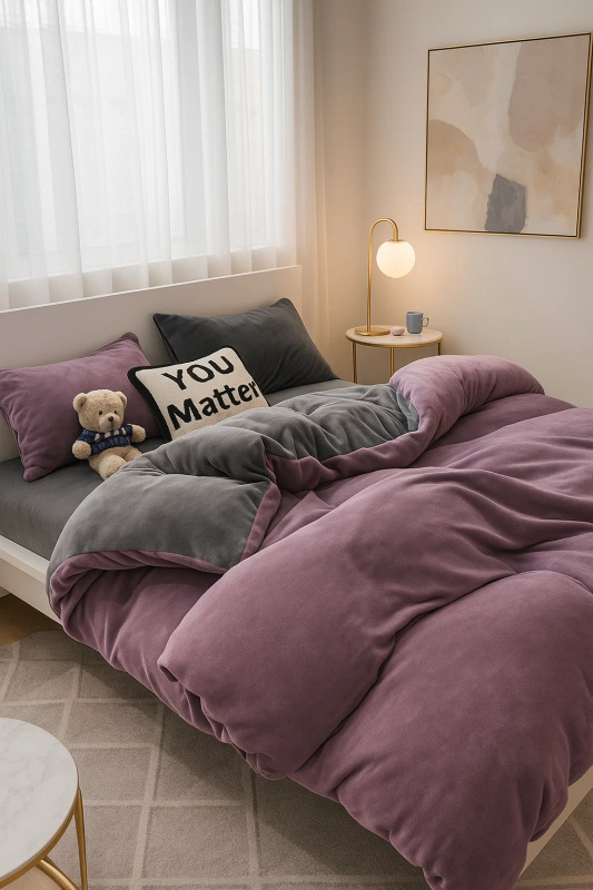 Pościel pluszowa welurowa zimowa miś gładka 160x200 4 el. fioletowa - szara