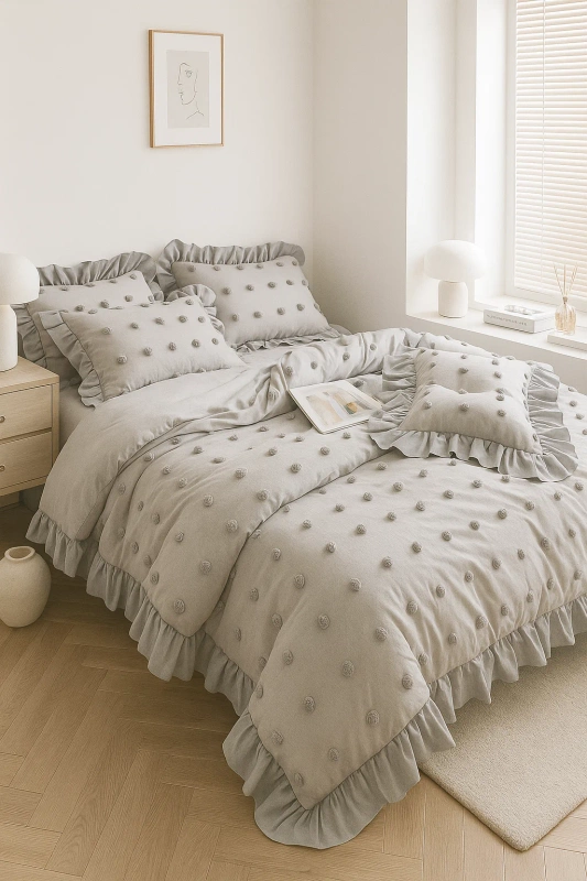 Pościel z falbanką i pomponami 160x200 3 el. jasna szara
