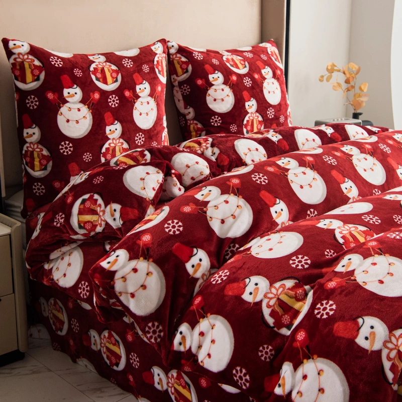 Pościel pluszowa zimowa miś świąteczna czerwona w bałwany 200x220 3 el.