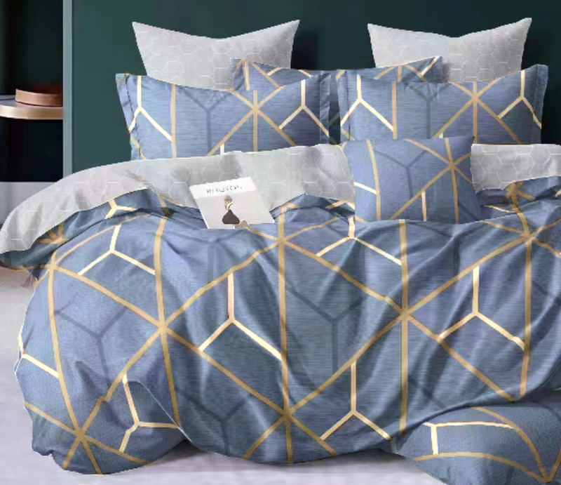 Pościel niebieska geometryczna 200x220 4 el. z prześcieradłem z gumką Grenoble D-119