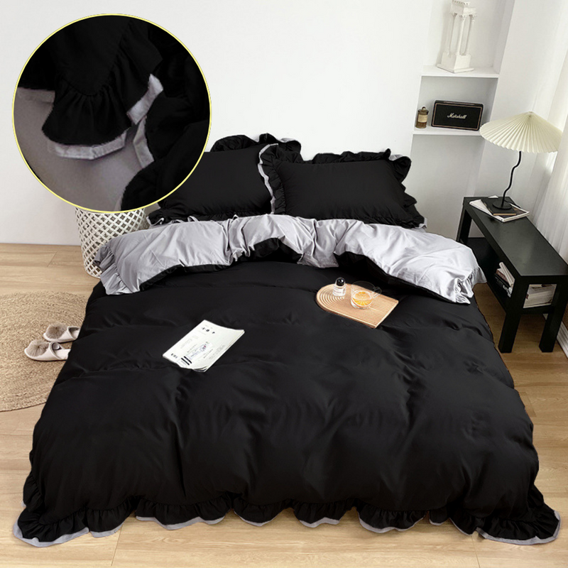 Pościel z podwójną falbanką dwukolorowa czarno-jasnoszara 200x220 3 el.