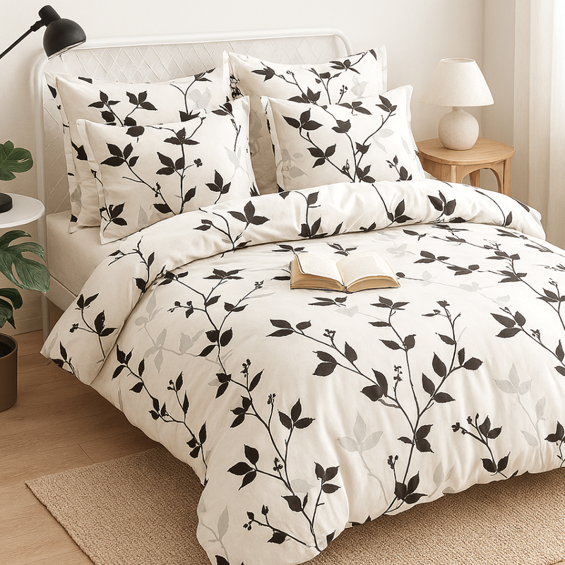 Pościel biało-czarna w liście 180x200 3el A077