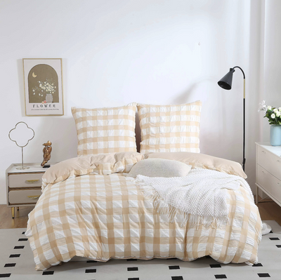 Pościel Kora krata beżowo-biała 200x220 4 el. P2-014