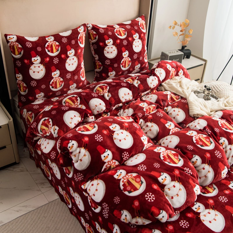 Pościel pluszowa zimowa miś świąteczna czerwona w bałwany 200x220 3 el.