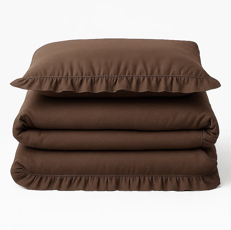 Pościel bawełniana z falbanką brązowa 200x220 3 el.