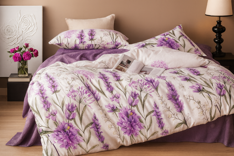 Pościel bawełniana biała w fioletowe kwiaty 160x200 3 el. L43