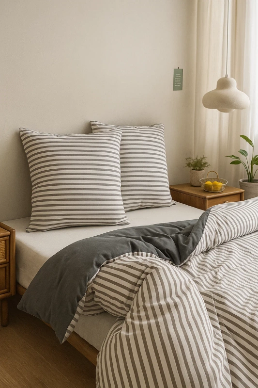 Pościel biała w grafitowe pasy 160x200 3 el. Stripes F16