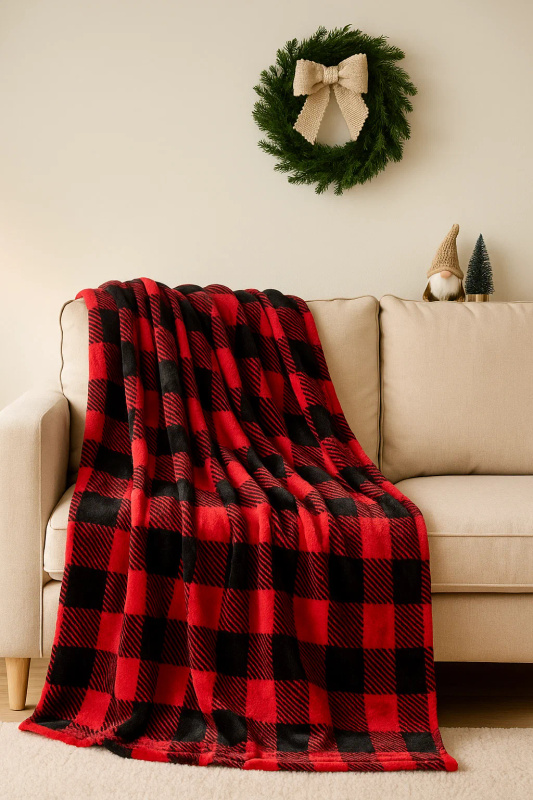 Koc świąteczny czerwony czarny w kratę 160x200