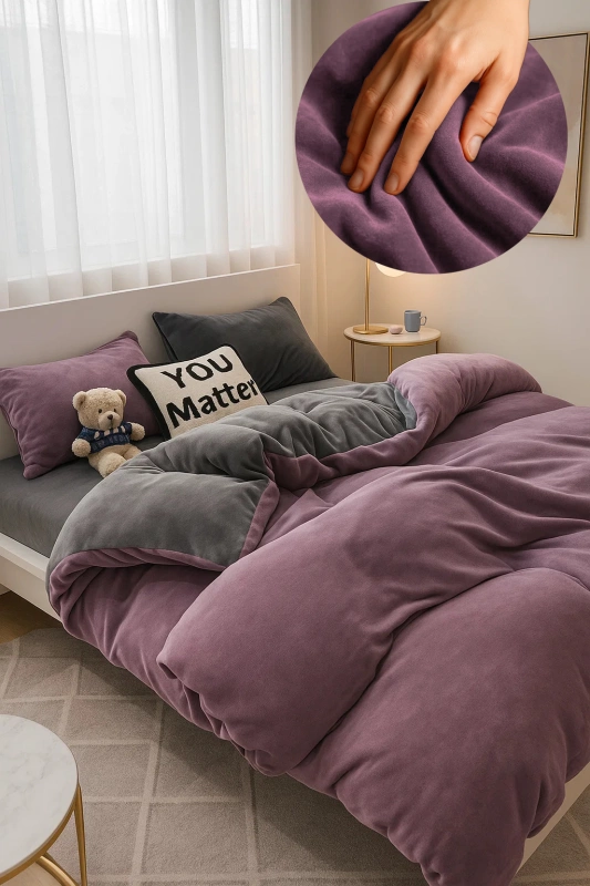 Pościel pluszowa welurowa zimowa miś gładka 200x220 4 el. fioletowa - szara