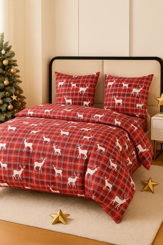 Pościel świąteczna czerwona w kratę i w renifery 140x200 2 el.
