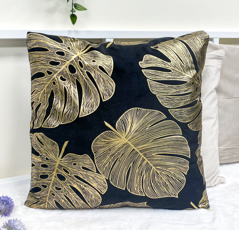 Poszewka na poduszkę dekoracyjna 40x40 czarno-złota LIŚĆ MONSTERY