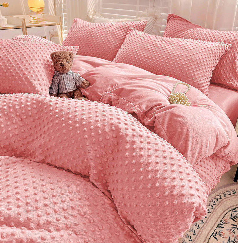 Pościel pluszowa zimowa miś w kropki 3D 200x220 3 el. MINKY jasny róż