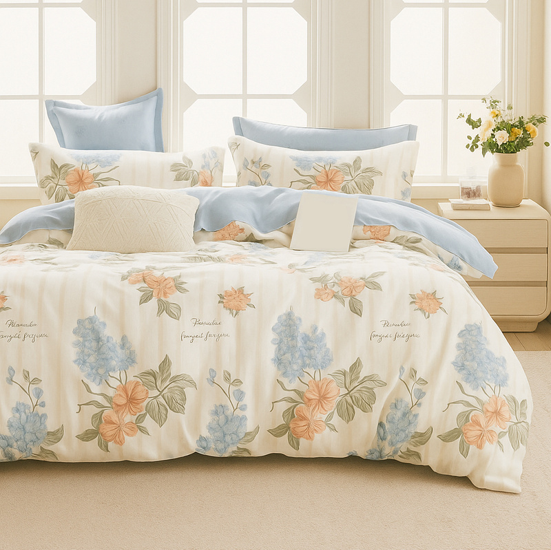 Pościel bawełniana biała w kwiaty 160x200 3 el. L55