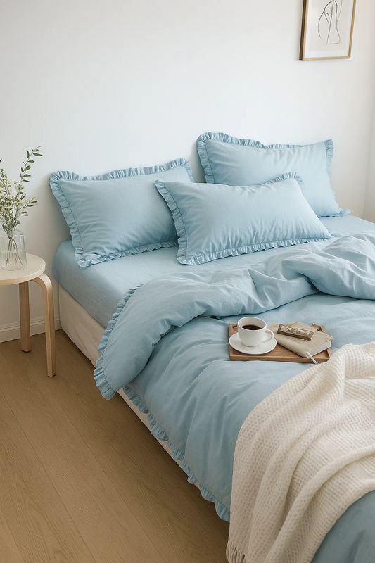 Pościel z falbanką błękitna 160x200 3 el.
