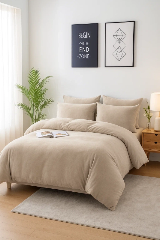 Pościel pluszowa zimowa miś gładka 200x220 3 el. chłodna beżowa K009