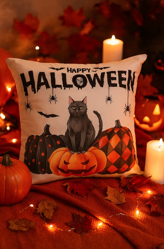 Poszewka na poduszkę Halloween biała z napisem, kotem, dyniami 40x40 HAPPY HALLOWEEN